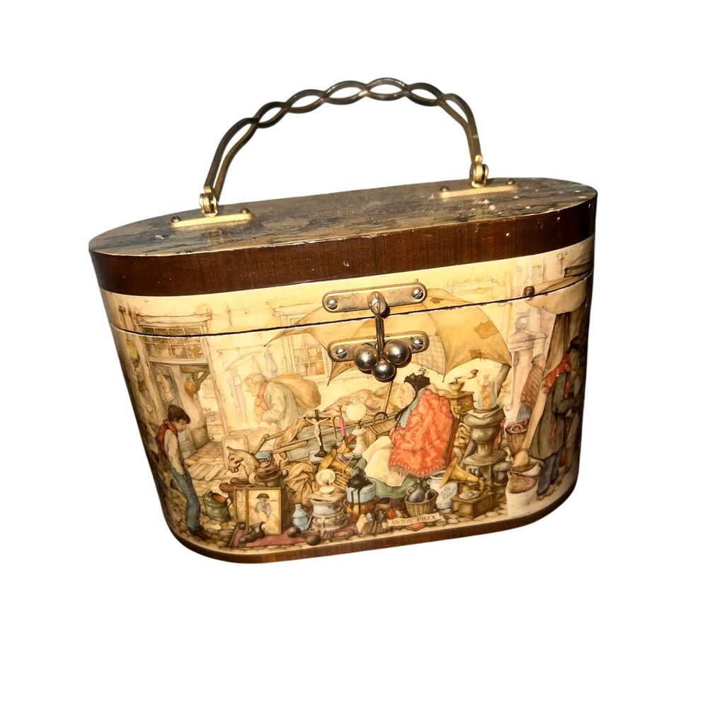 Vintage Anton Pieck Wooden Box Purse Handbag with Mirror Interior Decoupage 60s